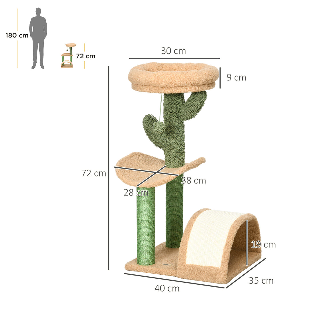 PawHut 72cm Cat Tree, Kitty Activity Center, Wooden Cat Climbing Toy, Cat Tower with Bed Ball Toy Sisal Scratching Post Curved Pad, Yellow