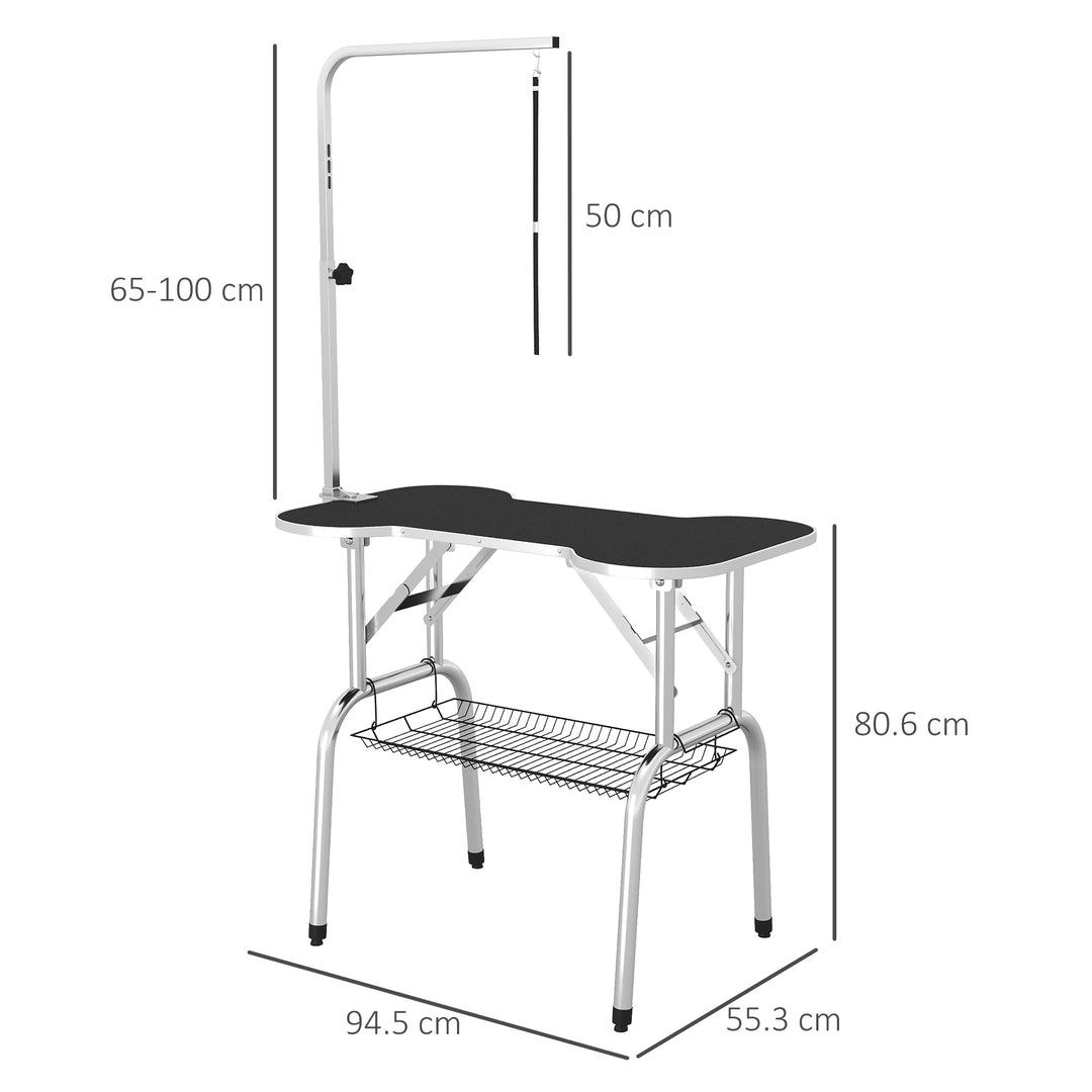 PawHut Foldable Pet Grooming Table Dog Drying Table with Adjustable Arm Non-Slip Rubber Tabletop Aluminium Alloy Edge Stainless Steel Bar Sling Black