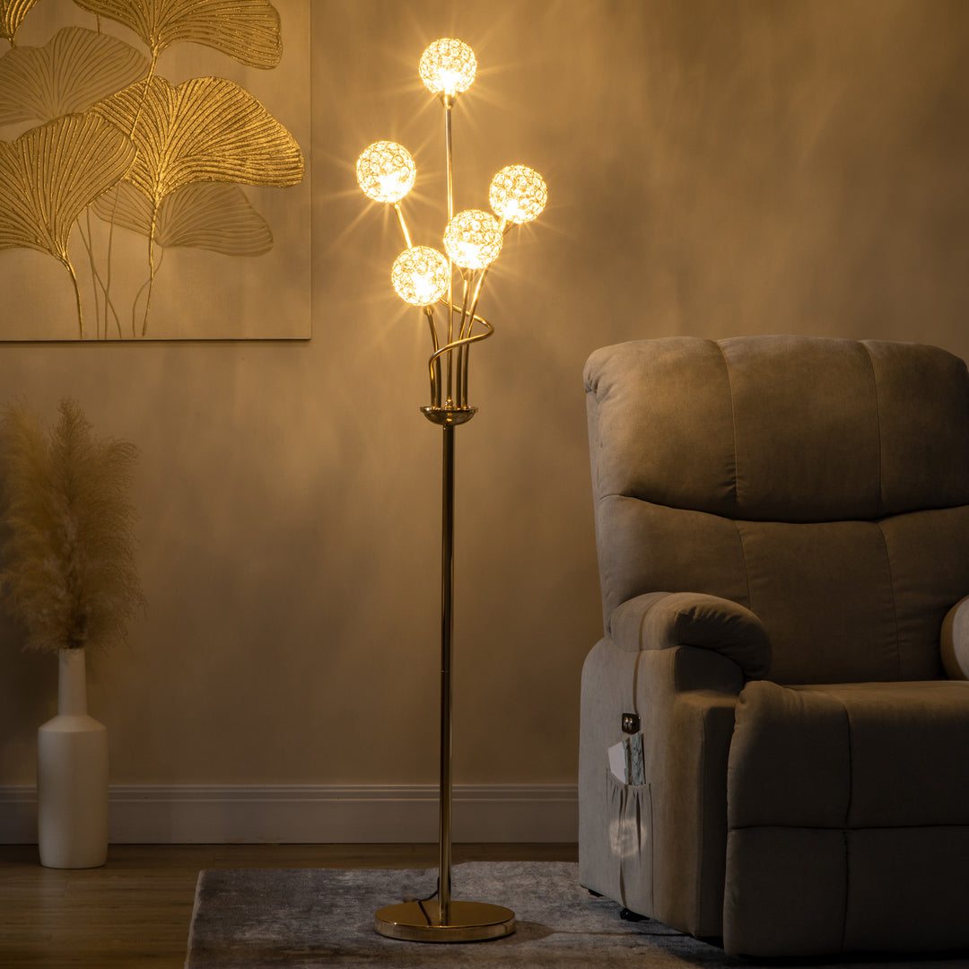 Crystal Floor Lamps for Living Room Bedroom with 5 Light, Modern Upright Standing Lamp, 34x25x156cm, Gold Tone