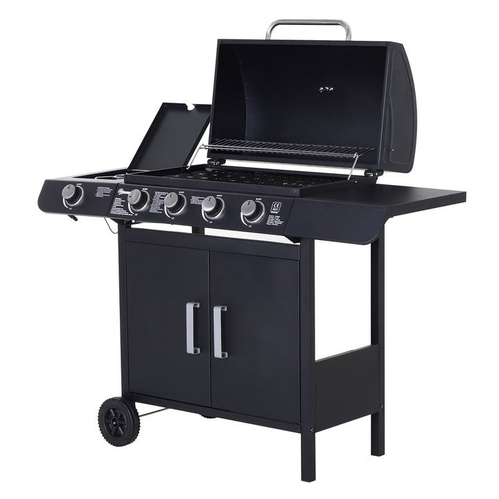 4+1 Gas Burner Grill BBQ Trolley Backyard Garden Smoker Side Burner Barbecue w/ Storage Side Table Wheels