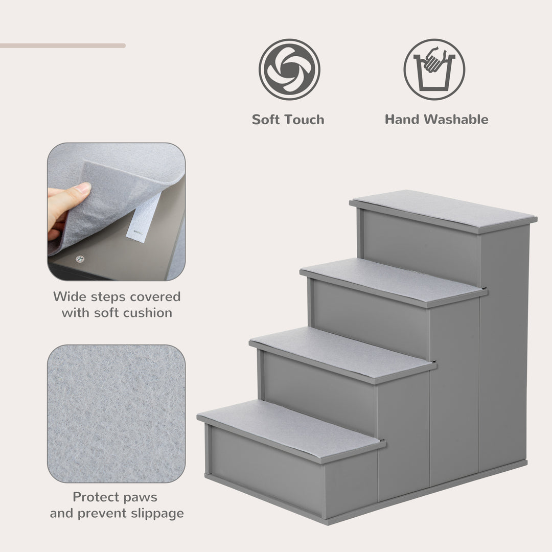 PawHut 4 Step Wooden Cushioned Pet Stairs Ramp Steps for Dogs, Cat Ladder for Bed Couch with Non-Slip Carpet, 40 x 59 x 54.2 cm, Grey