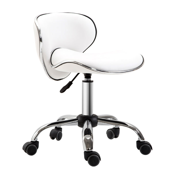 PU Leather Rolling Swivel Salon Chair Salon Stool with Backrest White