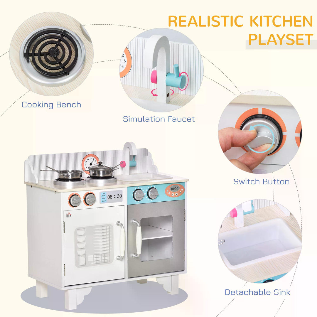 Two Kids Wooden Toy Kitchen Play Cooking Set Pretend Role Playset, with  Sink, Telephone, Storage Basket, for 3-6 Years Old