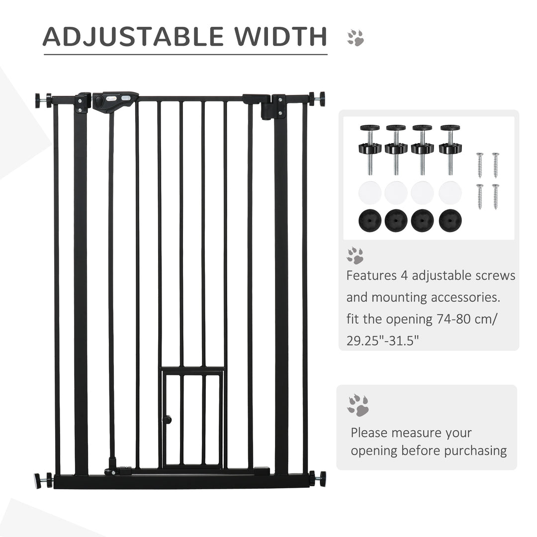 PawHut Extra Tall Dog Gate with Cat Door, Pet Safety Gate for Doorways Stairs with Auto Close Double Locking, 104 cm Tall 74-80 cm Wide, Black