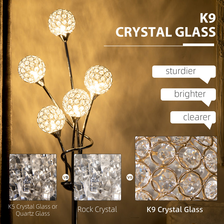 Crystal Floor Lamps for Living Room Bedroom with 5 Light, Modern Upright Standing Lamp, 34x25x156cm, Silver