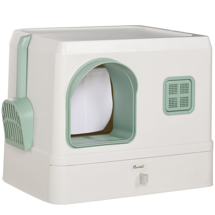 Cat Litter Box with Drawer Pan, Hooded Cat Litter Tray with Scoop, Deodorants, Front Entrance, 50 x 40 x 40 cm, White