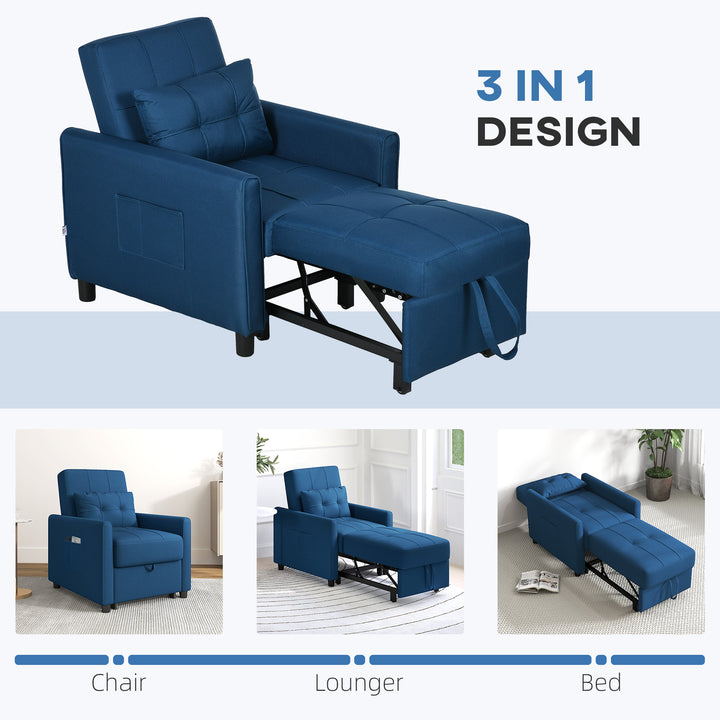 3-In-1 Convertible Chair Bed, Pull Out Sleeper Chair, Fold Out Bed with Adjustable Backrest, Side Pockets, Blue