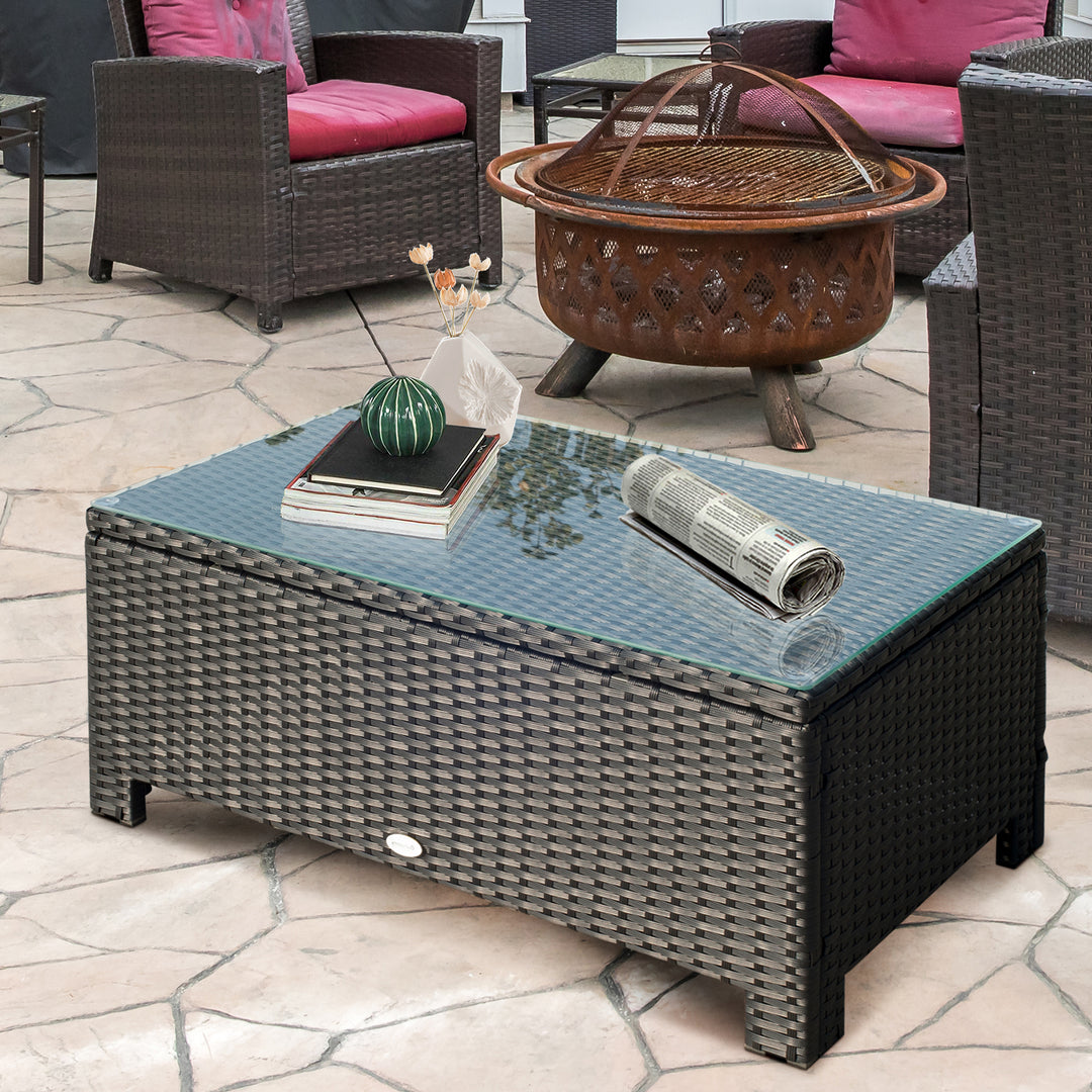 Rattan Garden Furniture Coffee Table Patio Iron Frame Tempered Glass (Black)