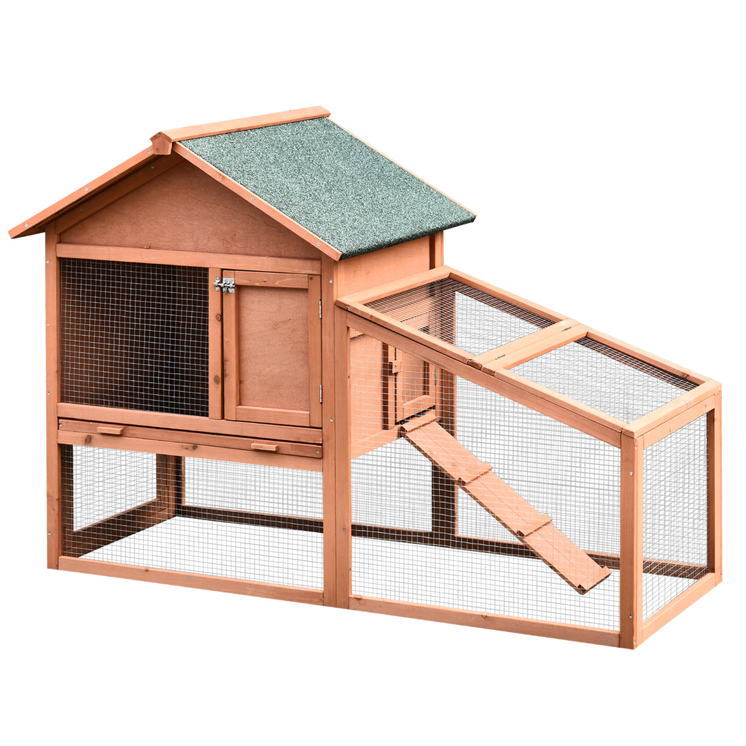 PawHut 2 Tier Rabbit Cage, Solid Wood Bunny House, Water Resistant Asphalt Roof Ramp Sliding tray 144 x 64.5 x 100 cm Red/Brown