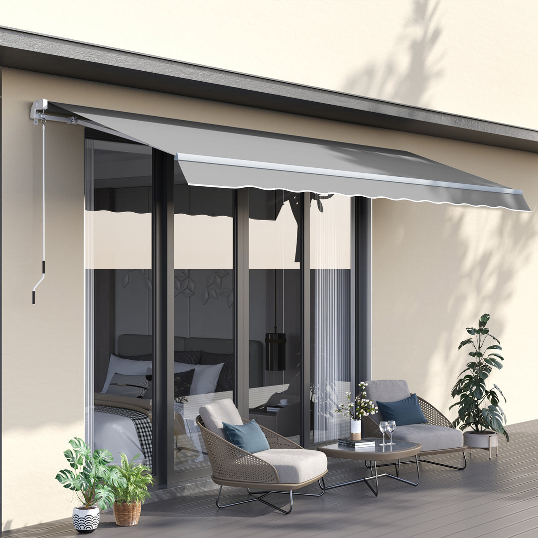 4x2.5m Retractable Manual Awning Window Door Sun Shade Canopy with Fittings and Crank Handle Light Grey