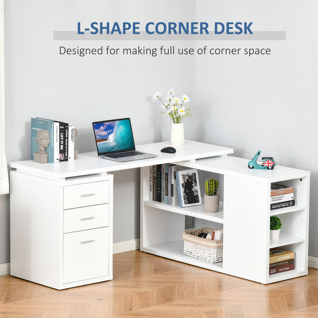 L-Shaped Computer Desk Home Office Corner Desk Study Workstation Table with Storage Shelves and Drawers, White
