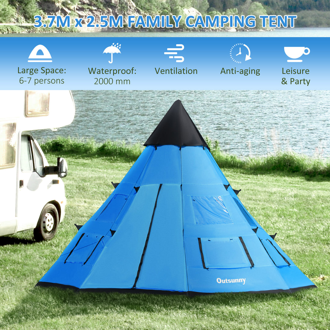 6 Men Tipi Tent, Camping Teepee Family Tent with Mesh Windows Zipped Door Carry Bag, Easy Set Up for Hiking Picnics Outdoor Night, Blue