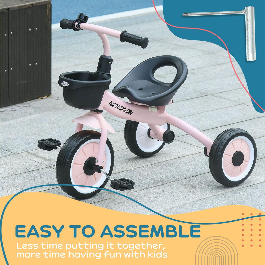 AIYAPLAY Kids Trike, Tricycle, with Adjustable Seat, Basket, Bell, for Ages 2-5 Years - Pink