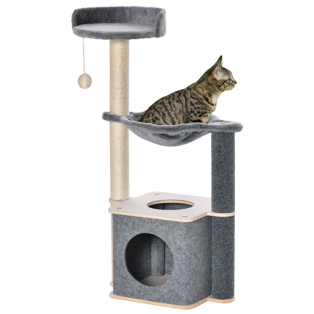 PawHut Cat Tree Cat Tower 95cm Climbing Kitten Activity Center with Sisal Scratching Post Perch Roomy Condo Hammock, Grey