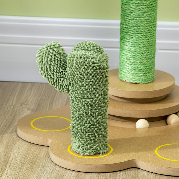 PawHut 60cm Cactus-shaped Cat Tree, Kitty Activity Center with Turntable Interactive Ball Toys, Chenille Cat Tower with Sisal Scratching Post, Green