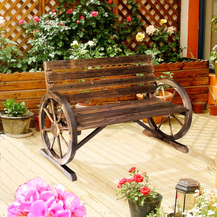 Garden Bench with Wooden Cart Wagon Wheel Rustic High Back Brown