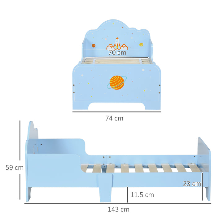 Toddler Bed Kids Bedroom Furniture with Rocket & Plants Patterns Safety Side Rails Slats, Blue