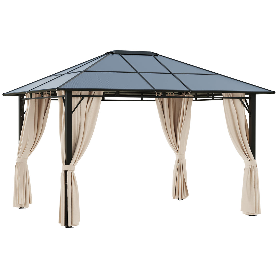 Outsunny 3.6 x 3(m) Hardtop Gazebo Canopy with Polycarbonate Roof Garden Pavilion with Removable Curtains and Steel Frame, Brown