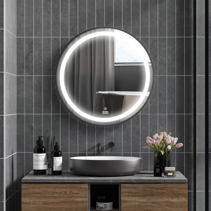 kleankin Round LED Bathroom Mirror, Dimmable Lighted Wall-Mounted Mirror with 3 Temperature Colours, Memory Function, Hardwired