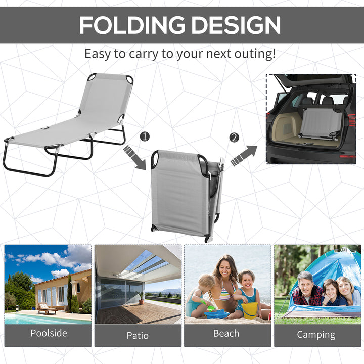 2 Pieces Outdoor Foldable Sun Lounger Set with Removeable Shade Canopy, Patio Recliner Sun Lounger with Adjustable Backrest with Mesh Fabric, Light Grey