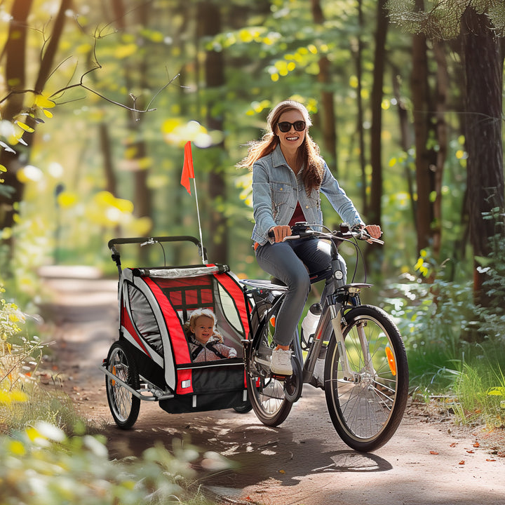 Child Bike Trailer Baby Bicycle Trailer 360° Rotatable for 2 Kids with Steel Frame LED Red