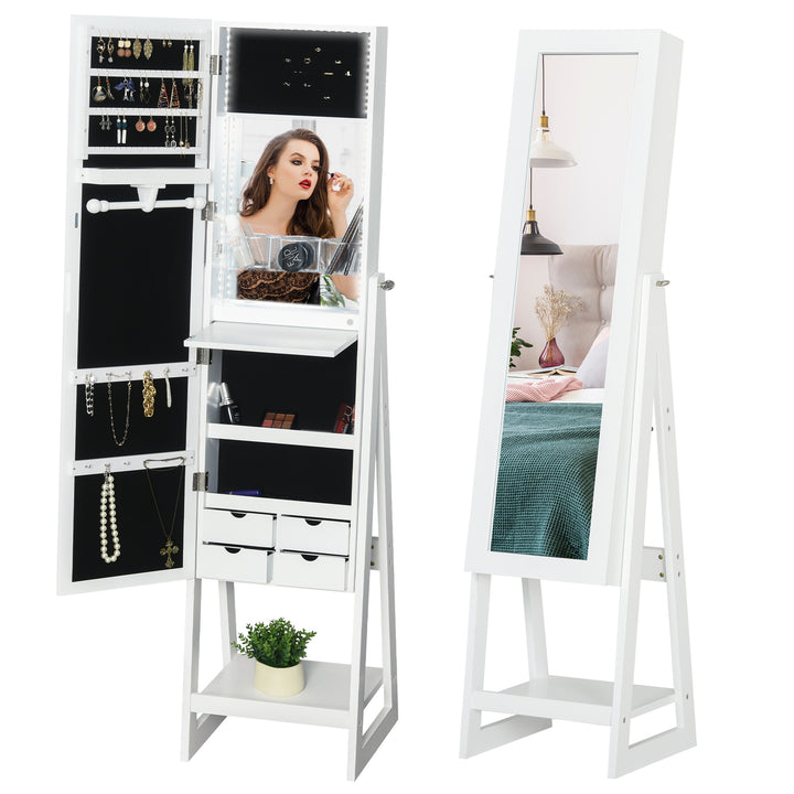 LED Light Jewelry Cabinet Storage Armoire w/ 2 Mirrors Drawers Hooks Shelves Make-Up Vanity Dresser Adjustable Bedroom Home White