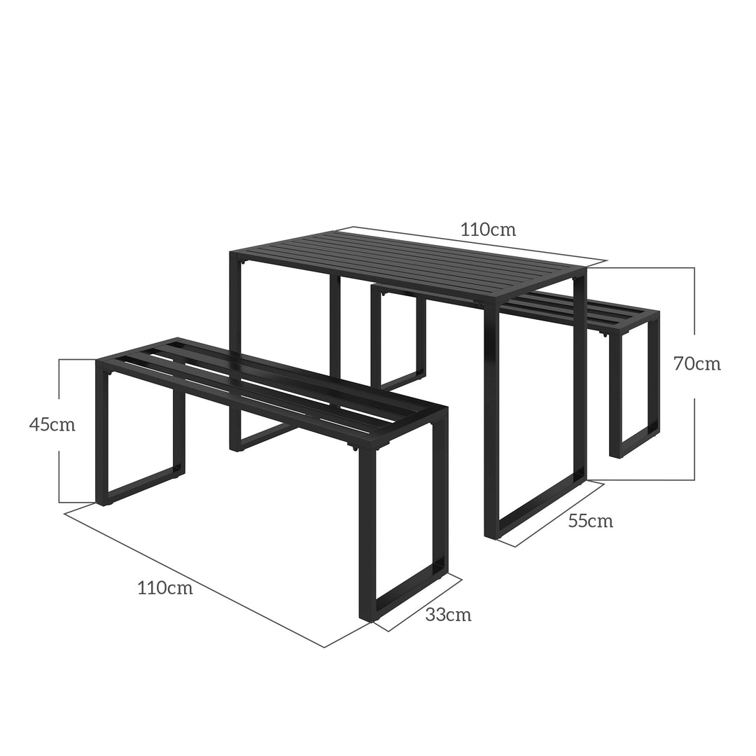 3Pcs Outdoor Dining Set Metal Beer Table Bench Patio Garden Yard Black