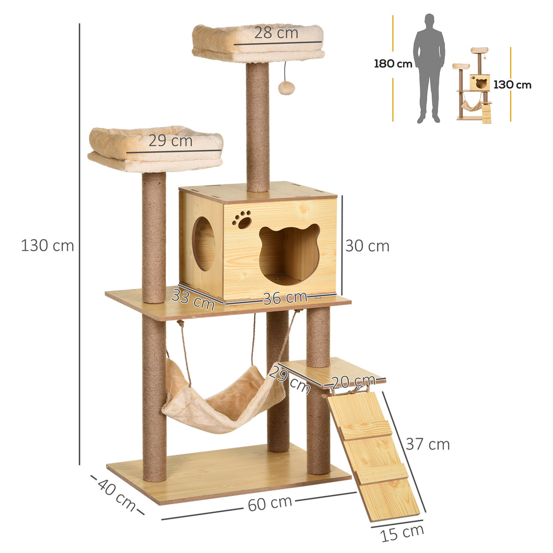 Cat Tree, 130 cm Cat Tree for Indoor Cats, Multi-Level Plush Cat Climbing Tower with 5 Scratching Posts, 2 Perches, Cat Condo, Hammock, Ramp, Toy Ball, Cat Tree for Large Cat, Yellow