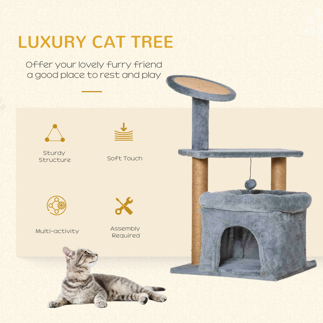 PawHut Cat Tree Tower Kitten Activity Center with Scratching Posts Pad Condo Perch Bed Interactive Ball Toy 48 x 48 x 84cm, Grey