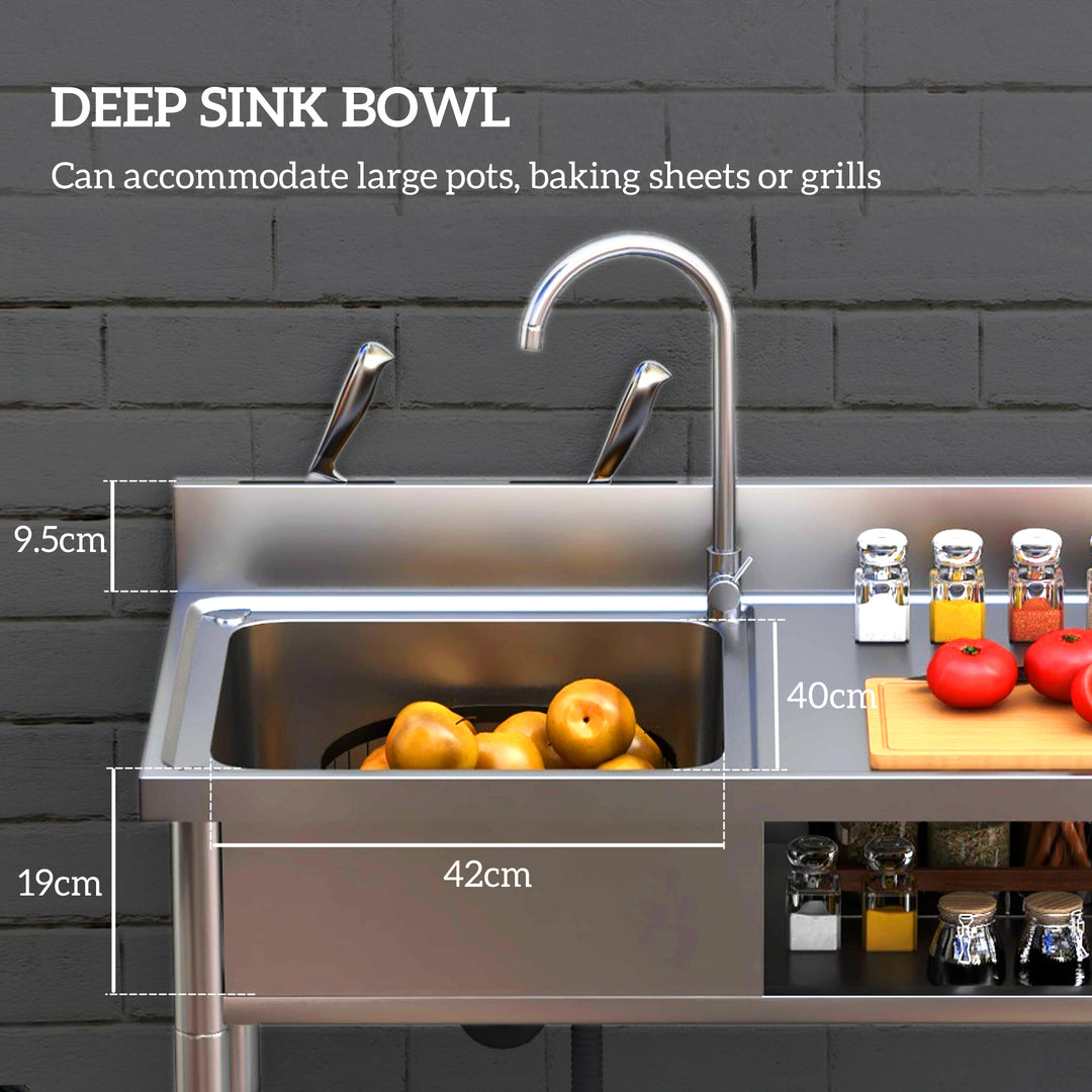 Outdoor Stainless Steel Kitchen Sink, Freestanding Sink Single Bowl with Cold and Hot Water Pipe and Storage Shelves