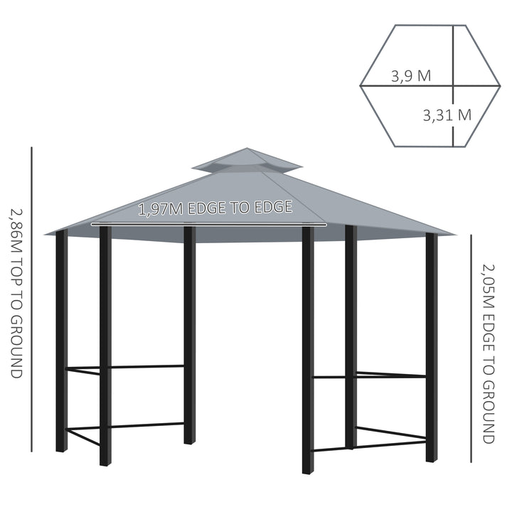 Outsunny Hexagon Gazebo Patio Canopy Party Tent Outdoor Garden Shelter w/ 2 Tier Roof & Side Panel - Grey