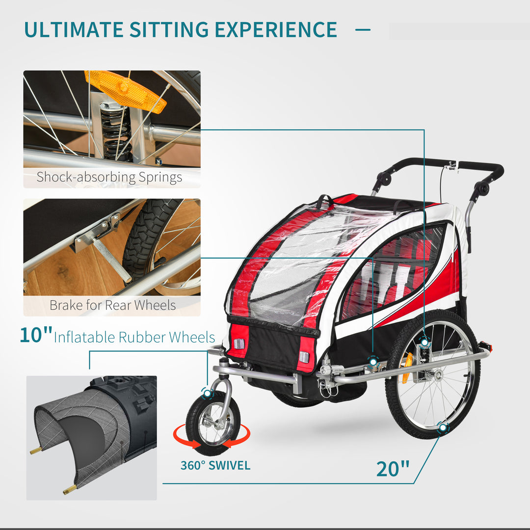 Child Bike Trailer Baby Bicycle Trailer 360° Rotatable for 2 Kids with Steel Frame LED Red