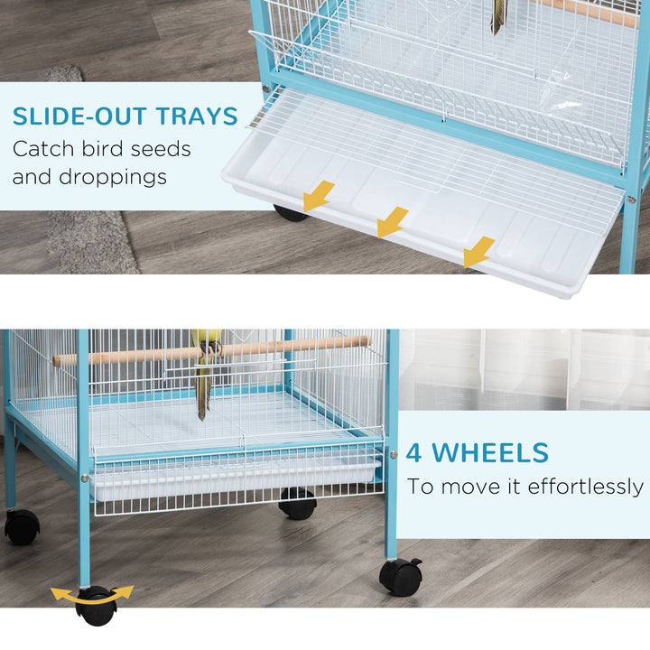 2 In 1 Large Bird Cage Aviary for Finch Canaries, Budgies with Wheels, Slide-out Trays, Wood Perch, Food Containers, Light Blue