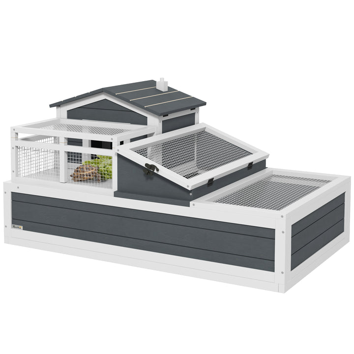 3-Room Tortoise House Habitat w/ Balcony &amp; 2 Stories, Wooden Tortoise Enclosure with Ladder, Tray, Openable Roof