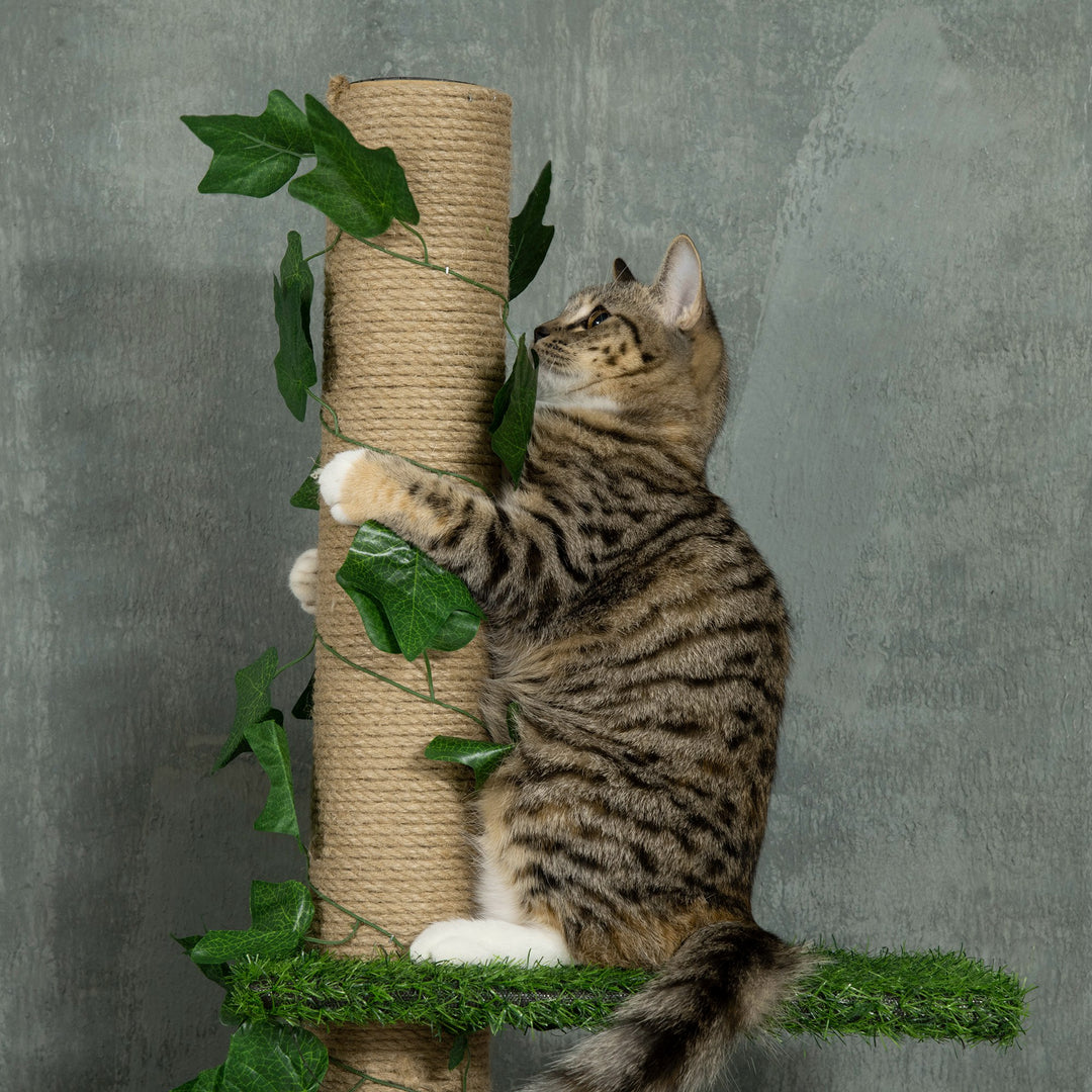 PawHut 242cm Floor to Ceiling Cat Tree, Height Adjustable Kitten Tower with Anti-slip Kit, Highly Simulated Multi-Layer Activity Center Green