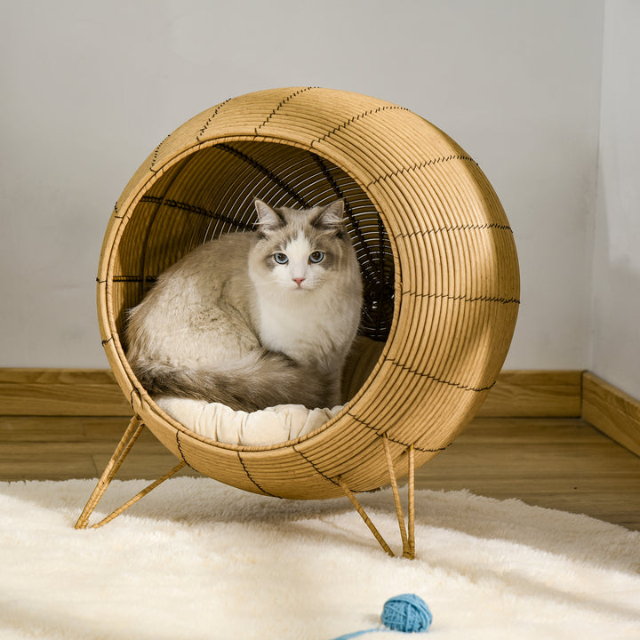 Wicker Cat Bed Elevated Rattan Kitten Basket Pet Den. House Cozy Cave with Soft Cushion Φ52 x 58cm Light Brown