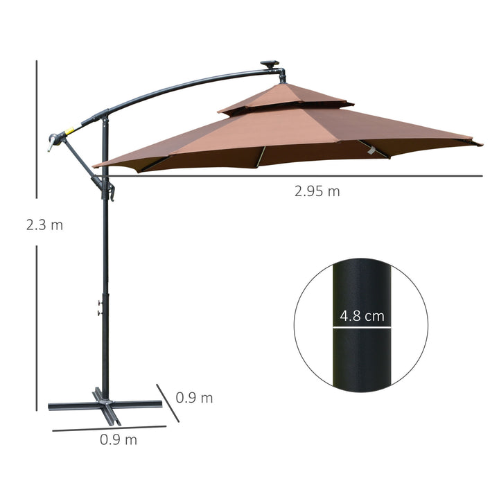 Outsunny 3(m) Cantilever Parasol Banana Hanging Umbrella with Double Roof, LED Solar lights, Crank, 8 Sturdy Ribs and Cross Base for Outdoor, Coffee
