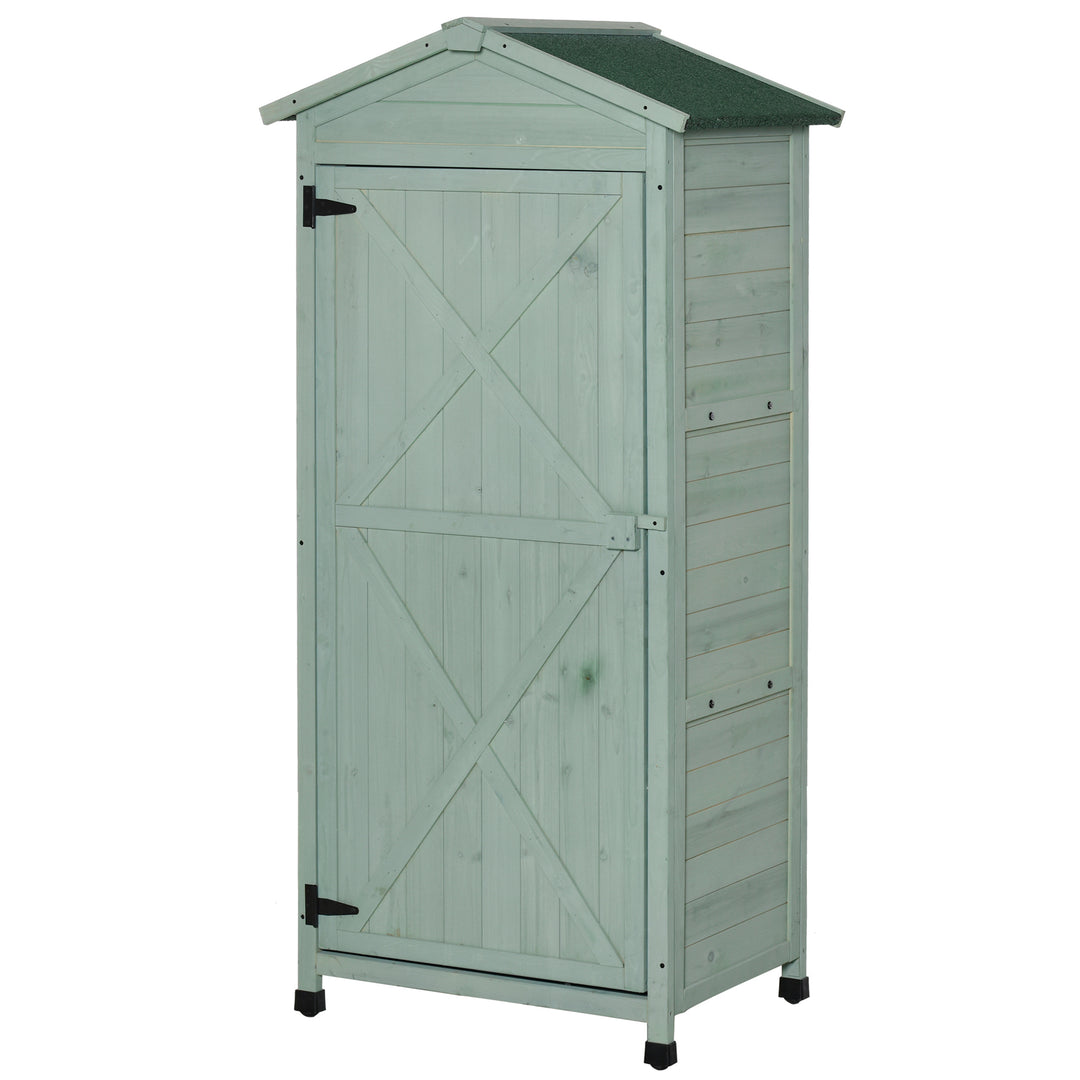 Wooden Garden Cabinet 3-Tier Storage Shed 2 Shelves Lockable Organizer with Hooks Foot Pad 74 x 55 x 155cm Green