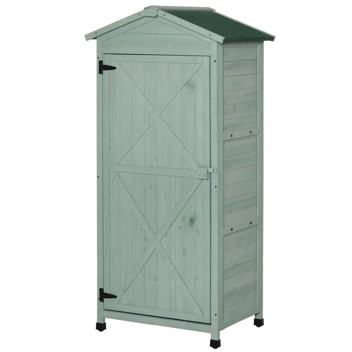 Wooden Garden Cabinet 3-Tier Storage Shed 2 Shelves Lockable Organizer with Hooks Foot Pad 74 x 55 x 155cm Green