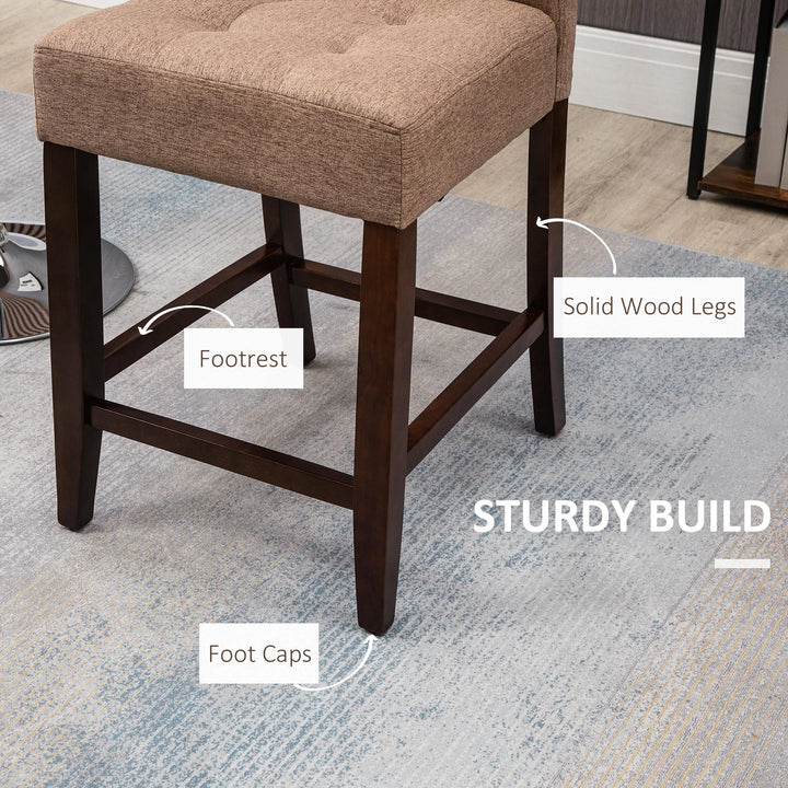 Modern Fabric Bar Stools Set of 2, Thick Padding Kitchen Stool, Bar Chairs with Tufted Back Wood Legs, Brown