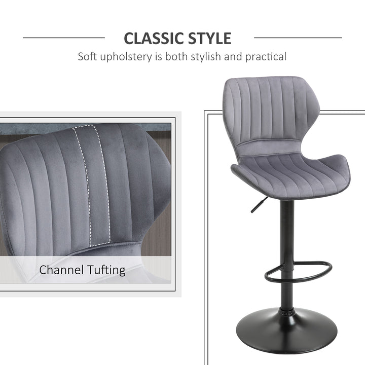 Bar Stool Set of 2 Velvet-Touch Fabric Adjustable Height Swivel Counter Chairs with Footrest, Grey