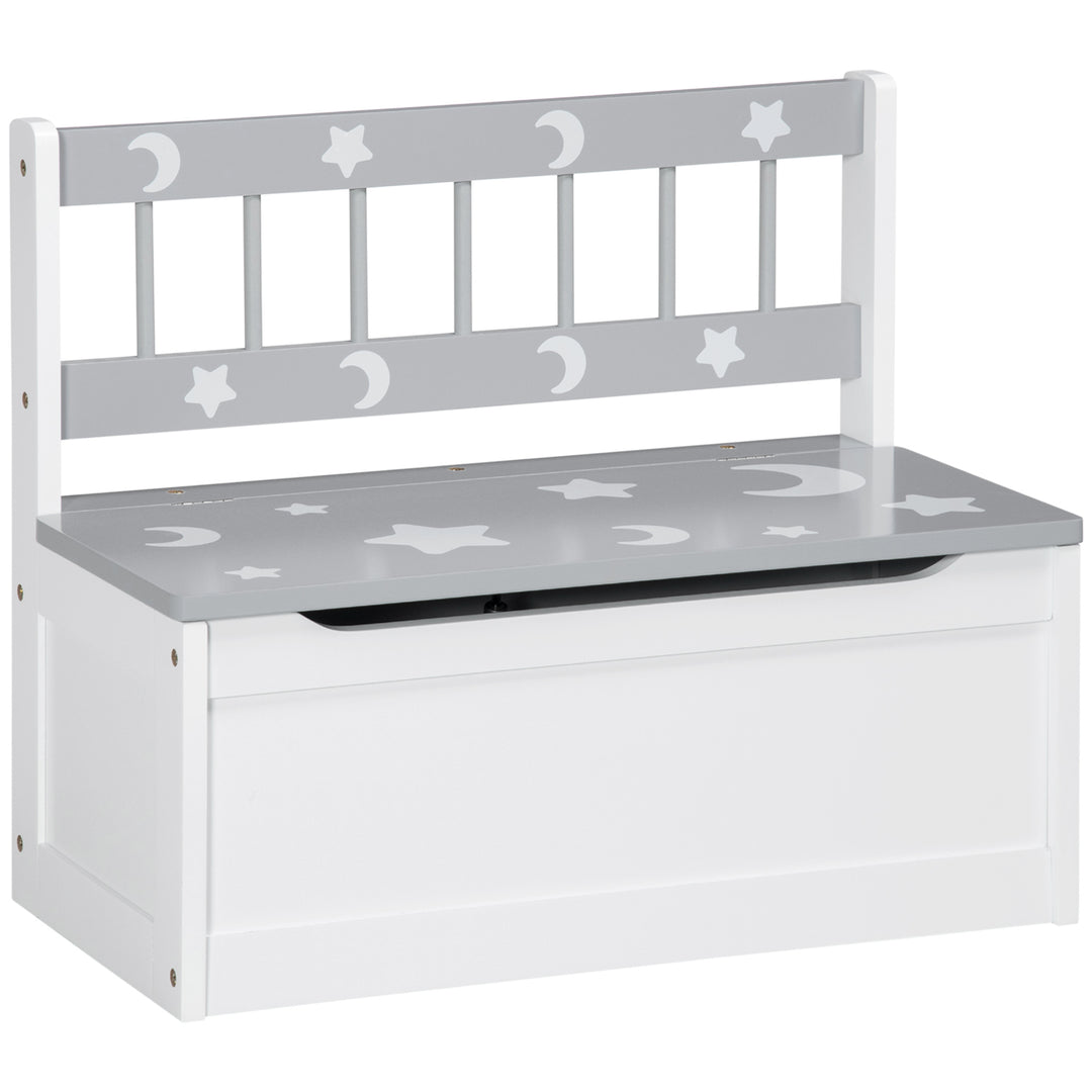 2-IN-1 Wooden Toy Box, Kids Storage Bench Toy Chest with Safety Pneumatic Rod, Star & Moon Pattern, Grey