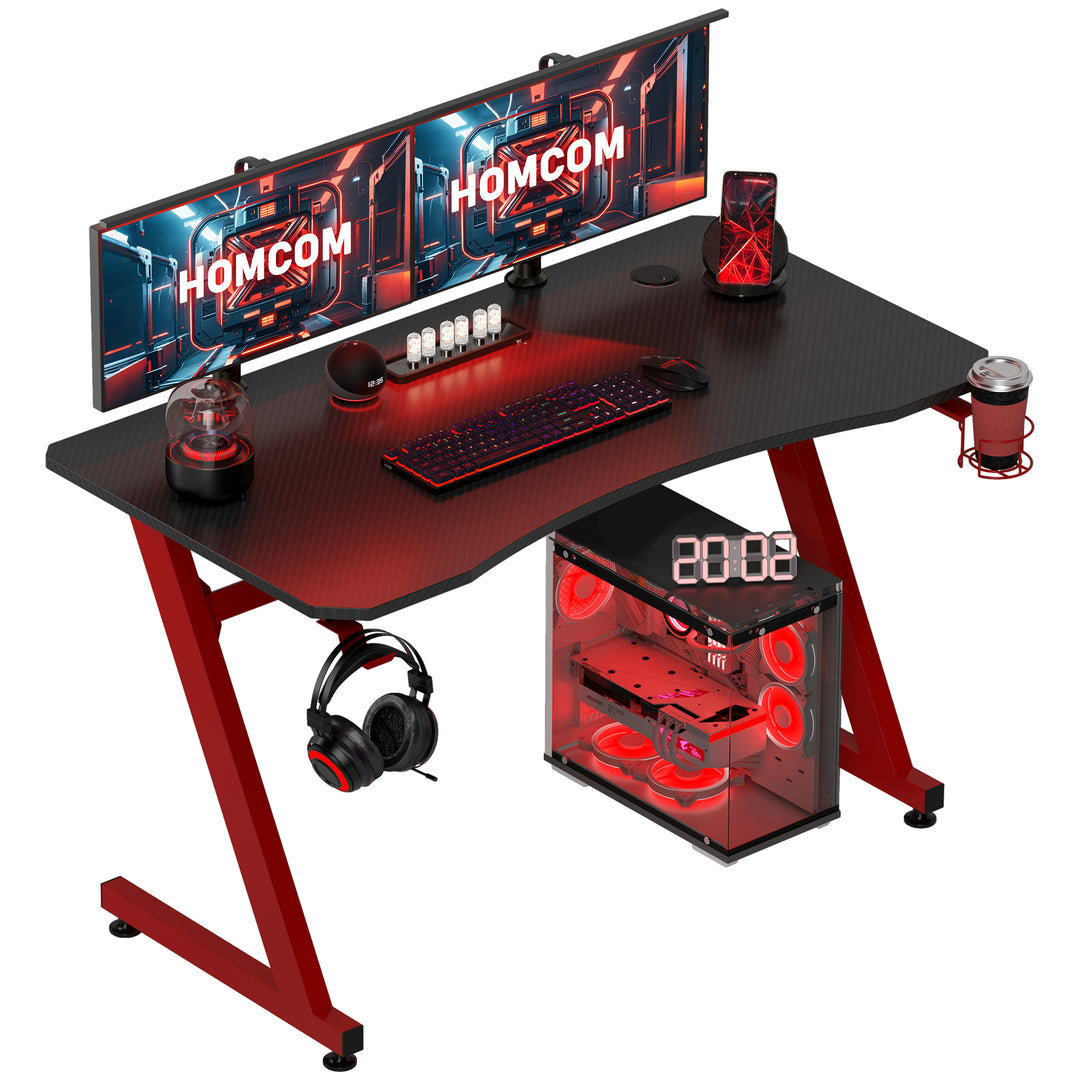 Gaming Desk Steel Frame w/ Cup Headphone Holder Adjustable Feet Cable Organiser Home Office Computer Table Red