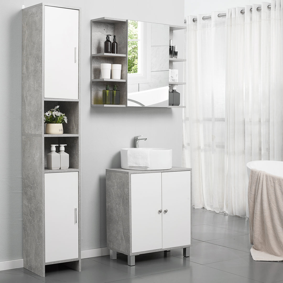 kleankin Free-standing Tall Bathroom Storage Cabinet w/ 2 Cupboards 2 Open Compartments, Slim Bathroom Organizer Adjustable Shelves Elevated Base-Grey