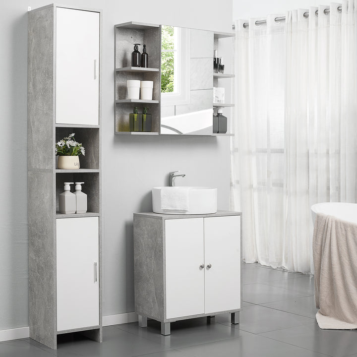 kleankin Free-standing Tall Bathroom Storage Cabinet w/ 2 Cupboards 2 Open Compartments, Slim Bathroom Organizer Adjustable Shelves Elevated Base-Grey