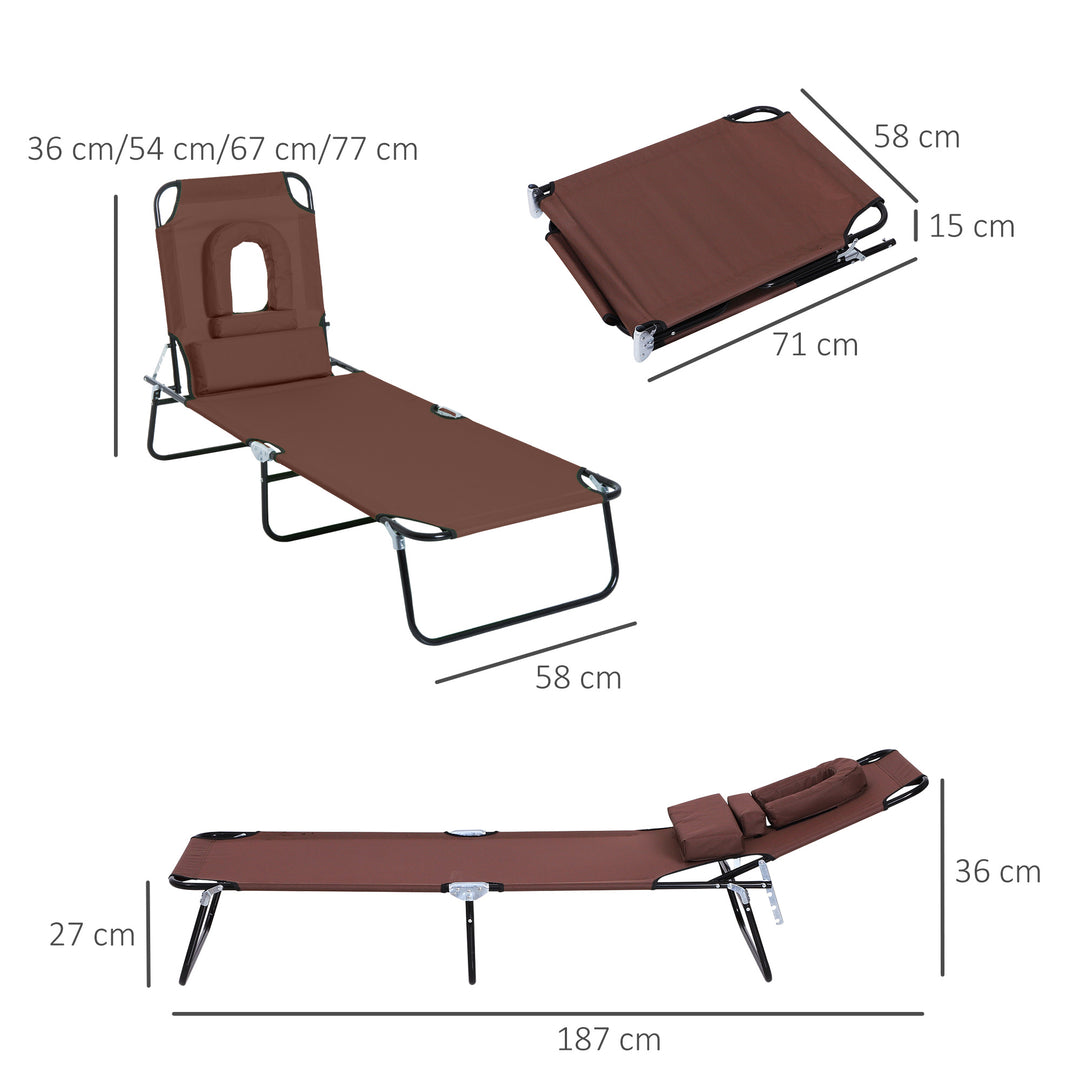 Sun Lounger Foldable Reclining Chair with Pillow and Reading Hole Garden Beach Outdoor Recliner Adjustable Brown