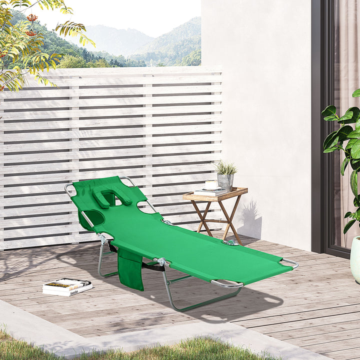 Beach Chaise Lounge with Face Cavity &amp; Arm Slots, Portable Sun Lounger, Reclining Lounge Chair for Patio Garden Beach Pool, Green