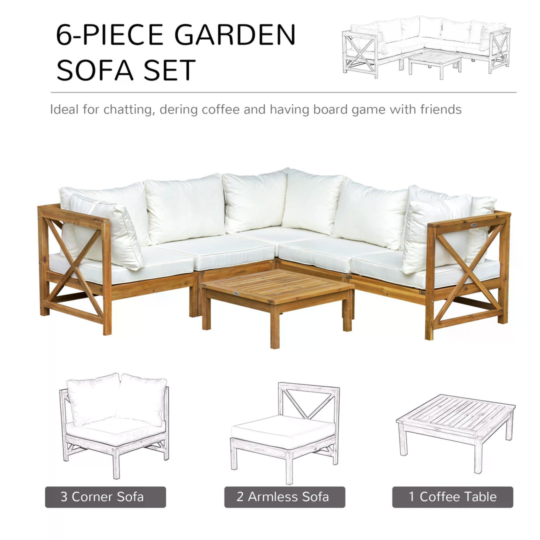 6pcs Patio Furniture Set Garden Sofa Set 1 Coffee Table Suitable with Cushions for Outdoor Indoor Balcony Poolside Acacia Wood Cream White