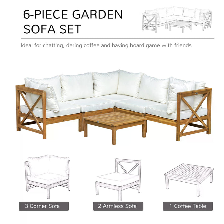 6pcs Patio Furniture Set Garden Sofa Set 1 Coffee Table Suitable with Cushions for Outdoor Indoor Balcony Poolside Acacia Wood Cream White