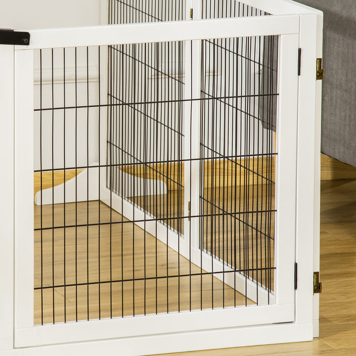 PawHut Pet Gate Wooden Dog Safety Barrier, Freestanding Foldable Fence, w/ 6 Panels, 2 Support Feet, House Doorway Stairs, Small & Medium Dogs, White